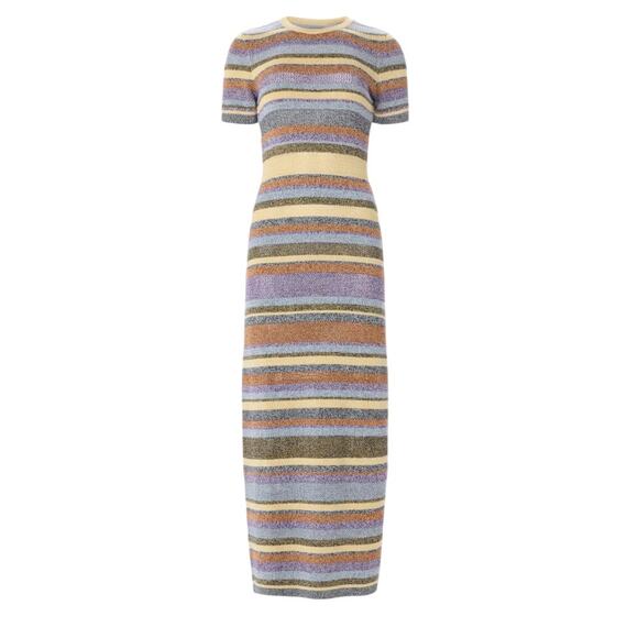 BA&SH Striped Crochet Knit Midi Dress MEDIUM Tshirt Daytime Cotton Designer $375 - Picture 11 of 15